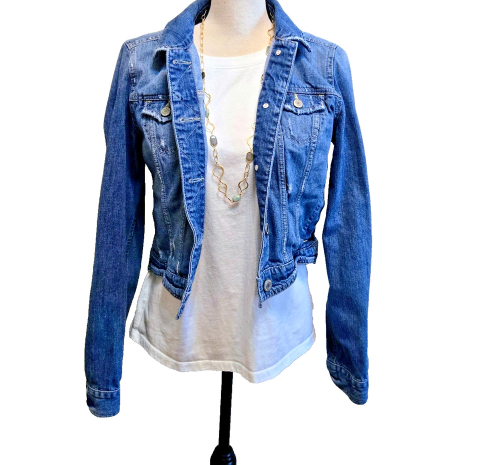 American Eagle Denim Jacket Womens Distressed Western Cowgirl LG runs small